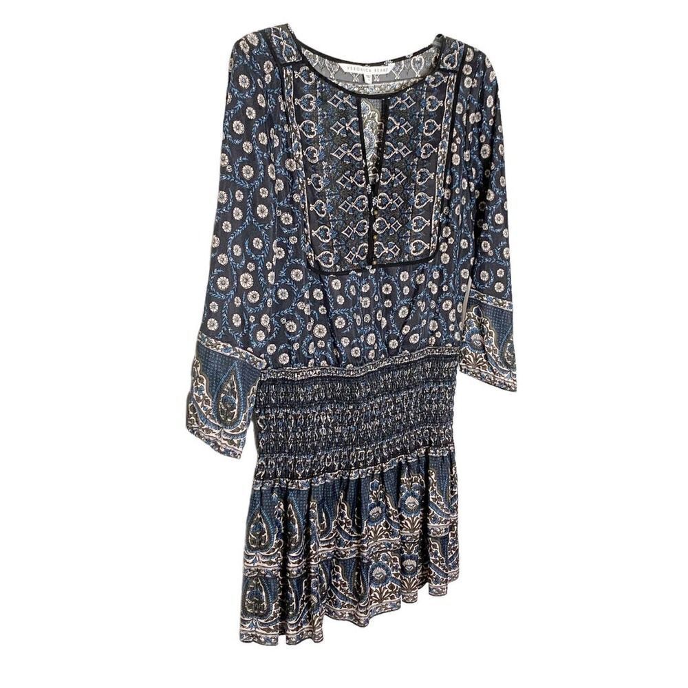 Veronica Beard Makai Printed Silk Smocked Long Sleeve Boho Mini Dress Women’s 10 - Picture 3 of 9